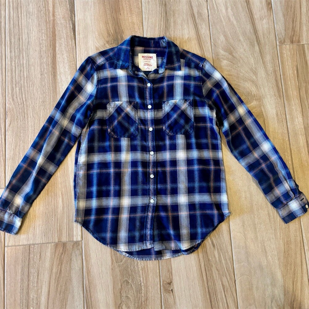 Mossimo Supply Co Button-Up Shirt Womens XS Blue Plaid Flannel Boyfriend